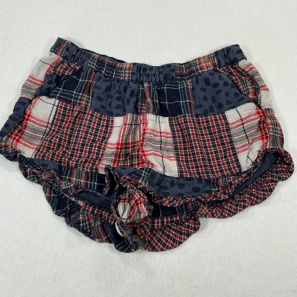 Aerie Patchwork Plaid Leopard Print Ruffle Hem Pajama Shorts Blue Red Large